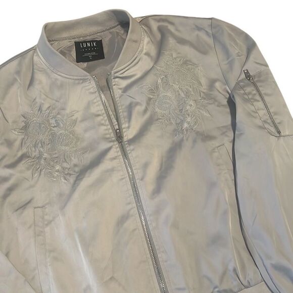 Lunik Silver Gray Embroidered Detail Full Zip Varsity Jacket Size XL - Picture 3 of 11